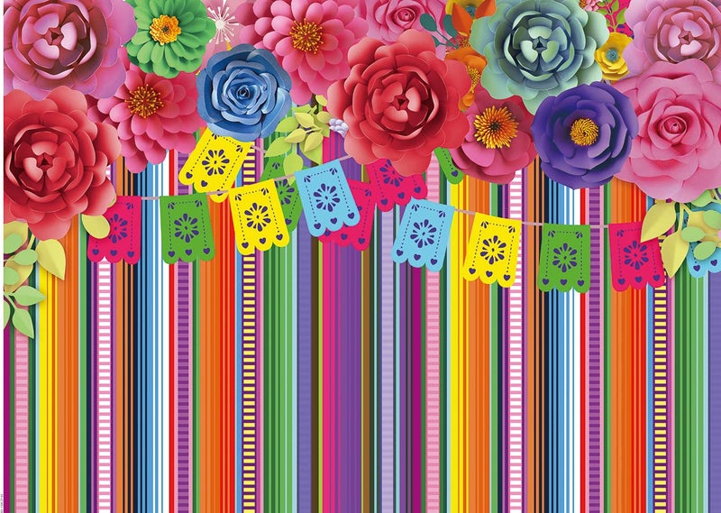 CHAIYA 7x5ft Mexican Fiesta Theme Backdrop Festival Birthday Party Decor Cinco De Mayo Carnival Colorful Flags Floral Banner Table Decor Background CY-125 - Image 1